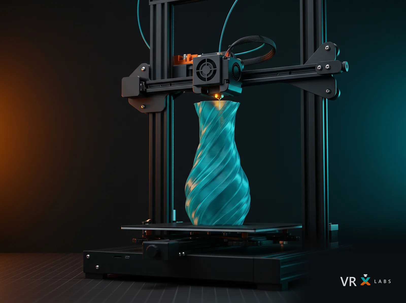 Impressora 3D da VRX Labs fabricando um vaso paramétrico em filamento ciano translúcido, com iluminação ciano e laranja