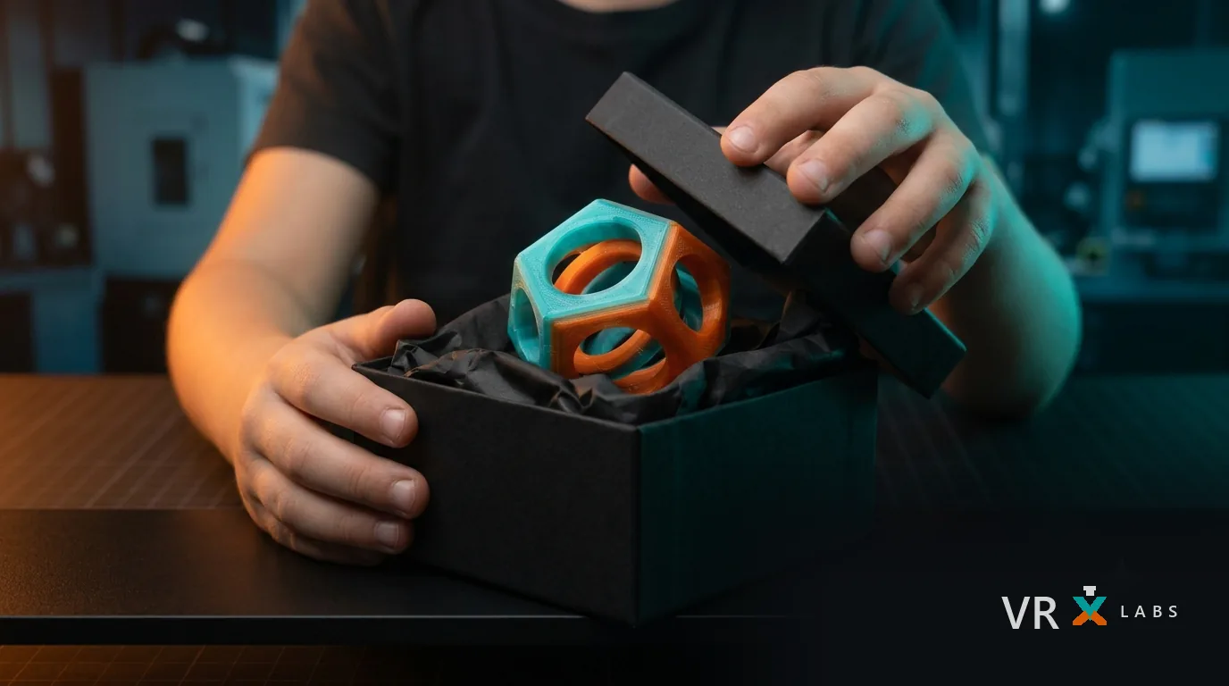 Mãos abrindo uma caixa de presente com uma peça geométrica personalizada impressa em 3D pela VRX Labs